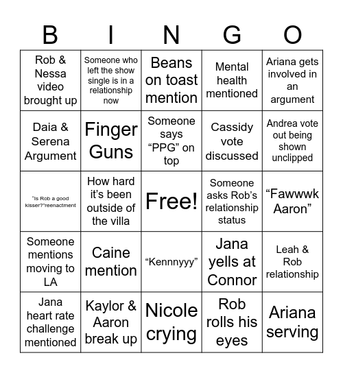 Love Island USA Reunion Bingo Card