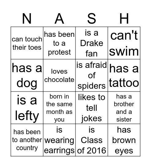 Nasher Bingo Card