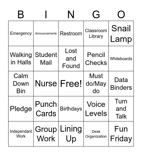 Routines and Procedures Bingo Card