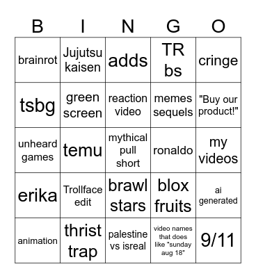 yt shorts bingo! Bingo Card