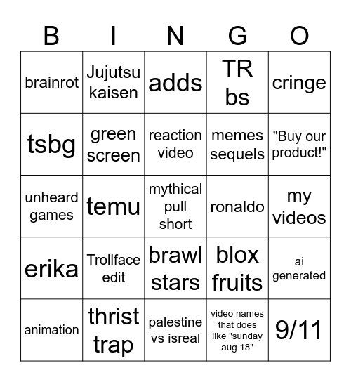 yt shorts bingo! Bingo Card