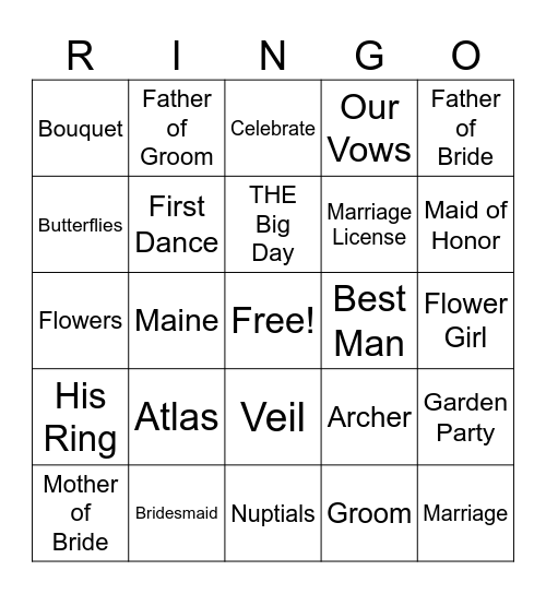 Des & Jay's Wedding Week Bingo Card