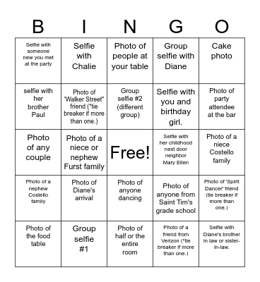 DIANE'S BIRTHDAY PHOTO BINGO Card