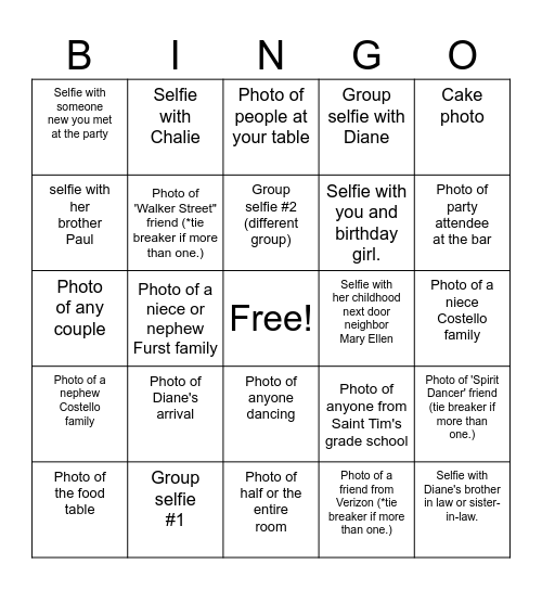 DIANE'S BIRTHDAY PHOTO BINGO Card