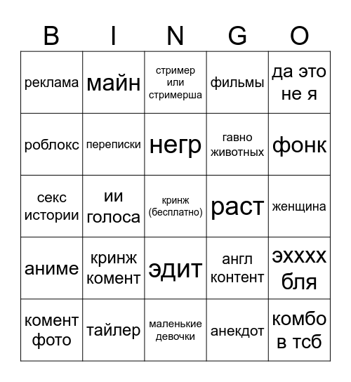 Тикток бинго Bingo Card