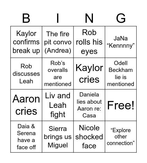 Love Island Bingo Card