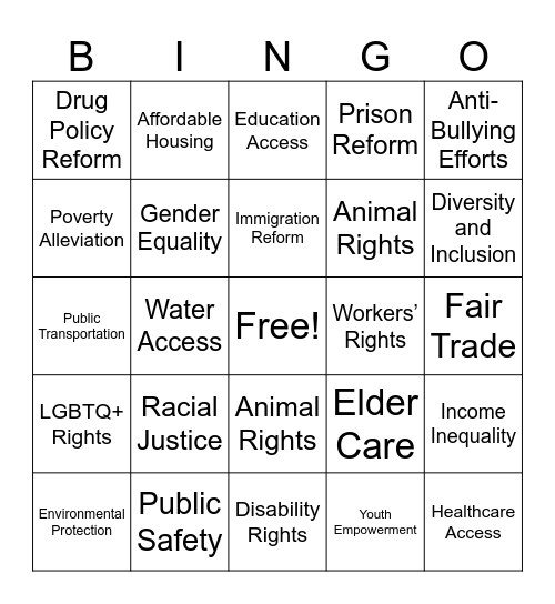 Social Issues Bingo Card