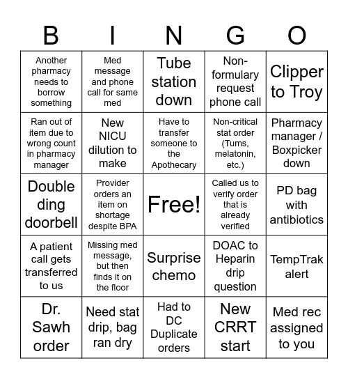 Pharmacy Bingo Card