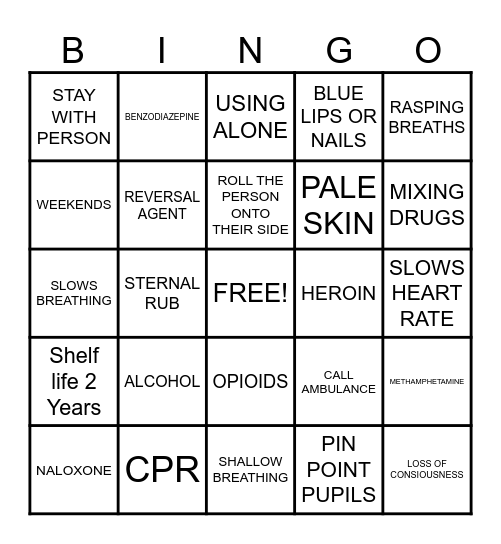 Overdose/Naloxone  Bingo Card