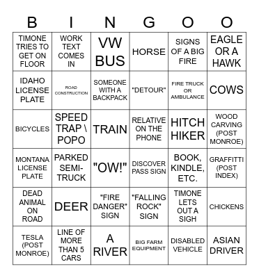 Montana Trip Bingo Card