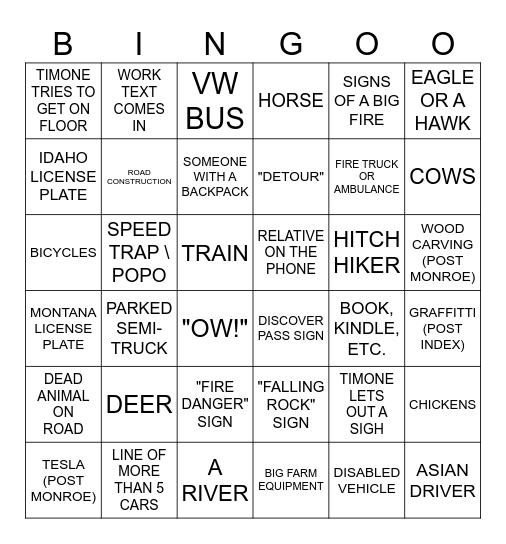 Montana Trip Bingo Card