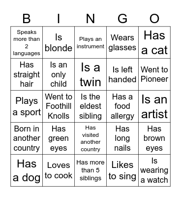 Get to Know You-  Bingo Card