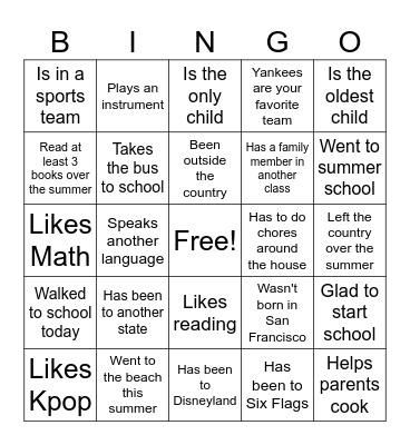 First Day of School Bingo Card