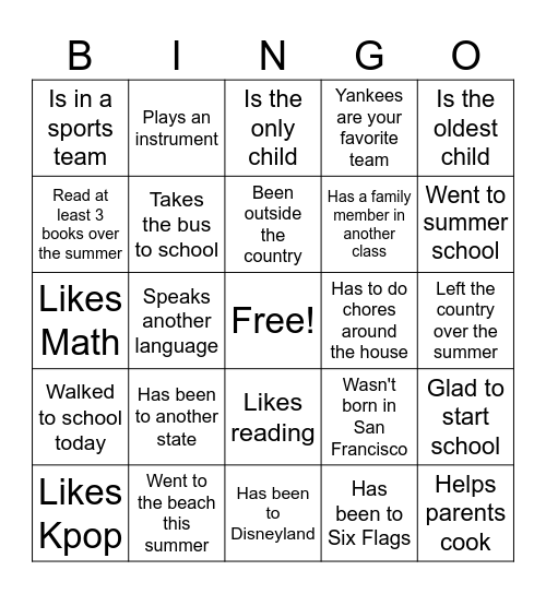 First Day of School Bingo Card