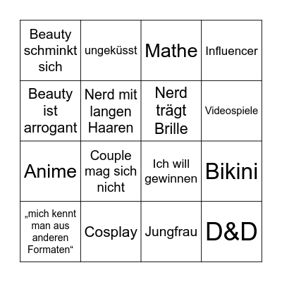 Beauty and the Nerd Bingo Card