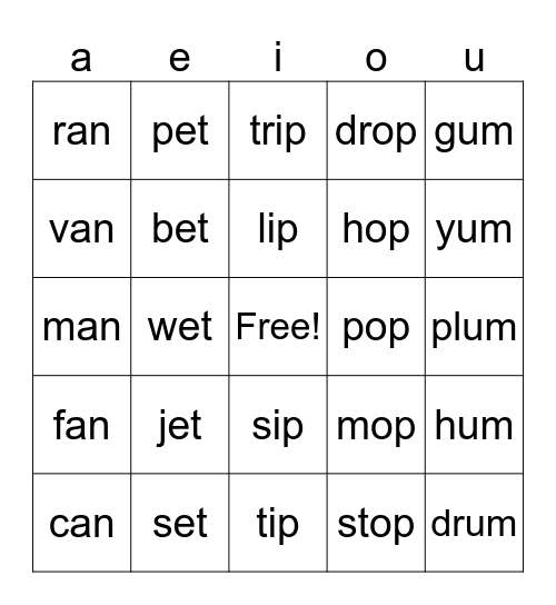 Word Family BINGO Card