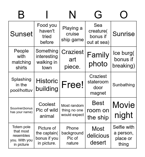 Alaskan Cruise Bingo Card