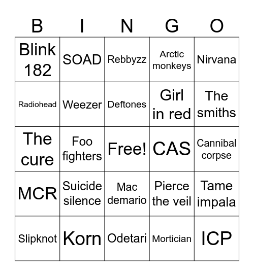 Veil Vales music taste (bands) Bingo Card