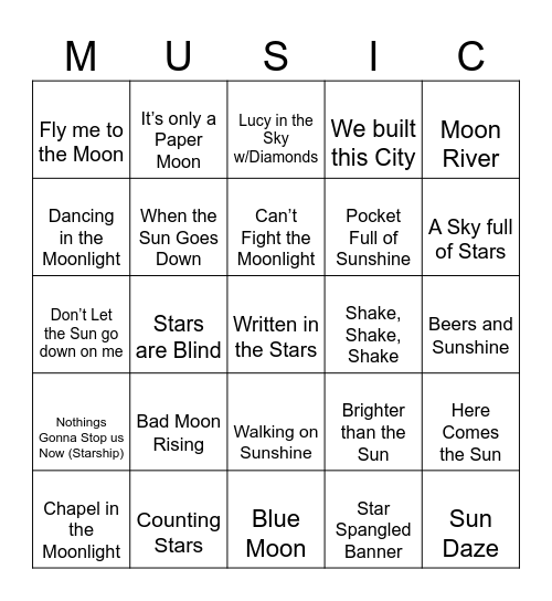 Sun, Moon, Sky, and Stars Bingo Card