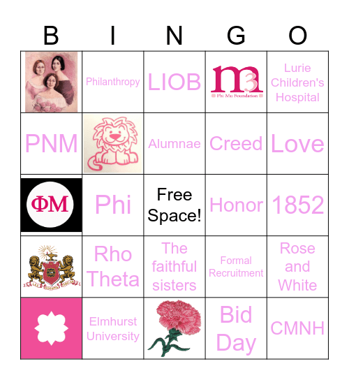 Phi Mu Bid Day Bingo Card