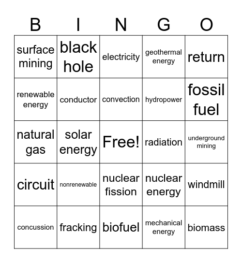 Energy Bingo Card