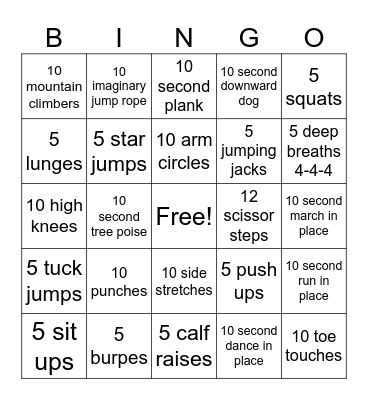 Fitness Bingo Card