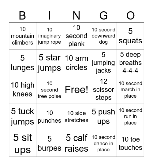 Fitness Bingo Card