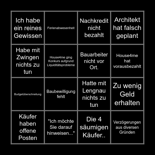 Zesigers Ausreden Bingo Card