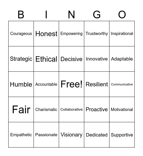 Leadership Traits Bingo Card