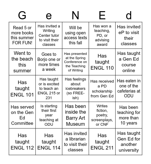 Gen Ed Bingo: Find Someone Who... Bingo Card