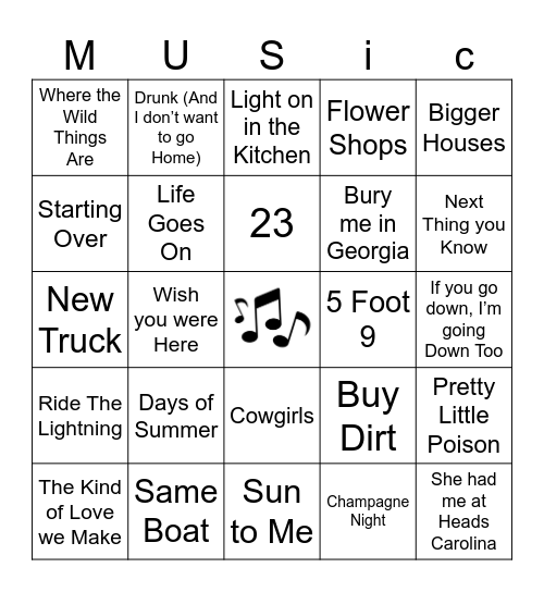 Country August Music Bingo Card