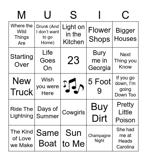 Country August Music Bingo Card