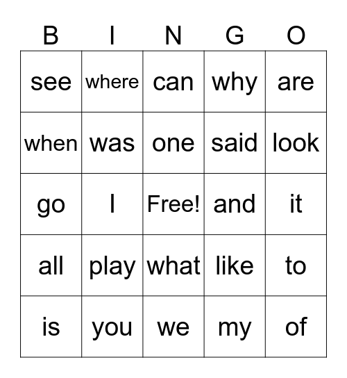 Sight Word Bingo Card