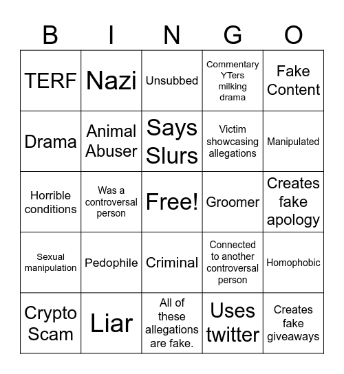 Controversy Bingo Card