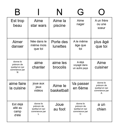 BINGO CONNAISSANCE Bingo Card