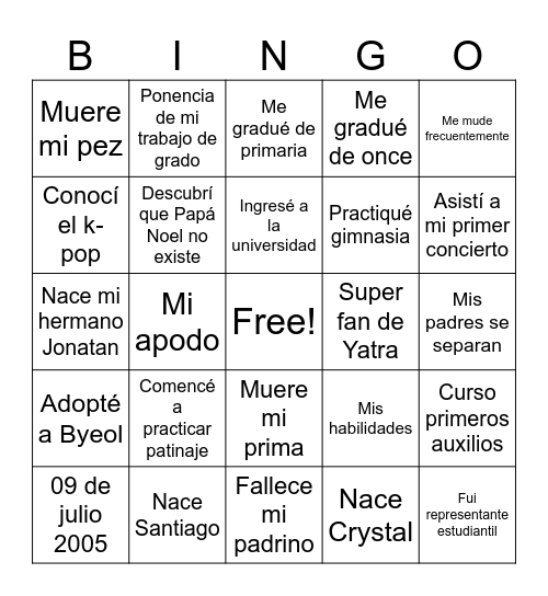 Bingo de vida Bingo Card