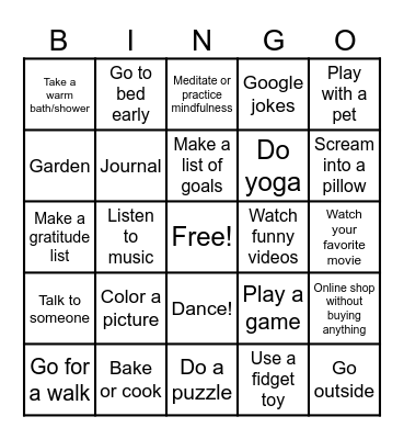 Coping Skills Bingo Card