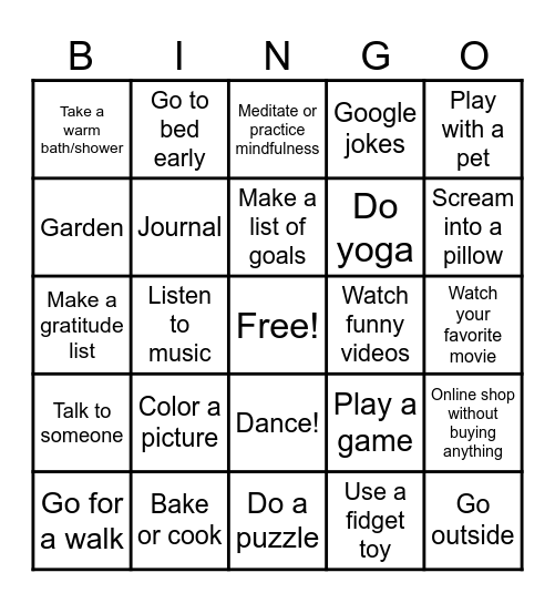 Coping Skills Bingo Card