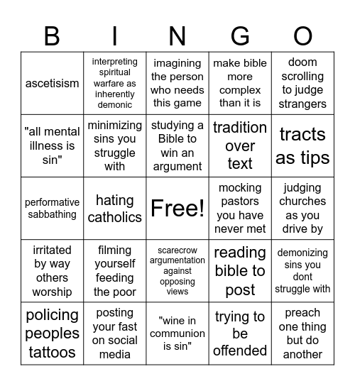 Pharisee Bingo Card