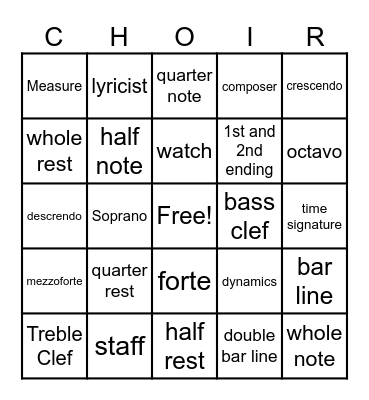 Chorus Bingo! Bingo Card