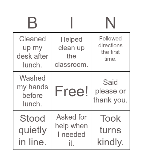 Responsibility Bingo Card