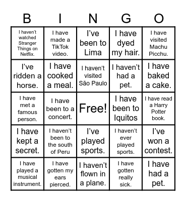Present Perfect Bingo Card