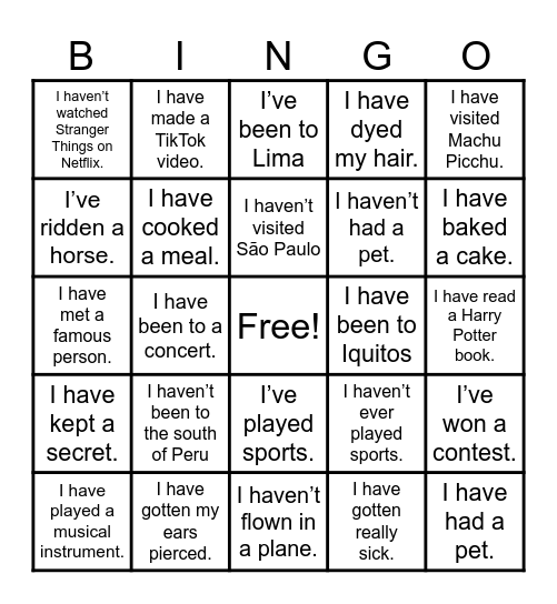 Present Perfect Bingo Card