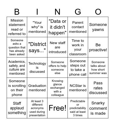 First Faculty Meeting Bingo Card
