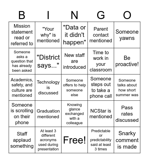 First Faculty Meeting Bingo Card