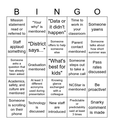 First Faculty Meeting Bingo Card