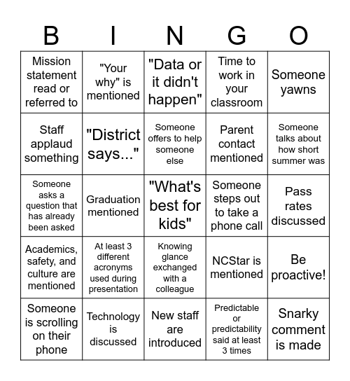 First Faculty Meeting Bingo Card