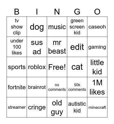 yt shorts bingo Card