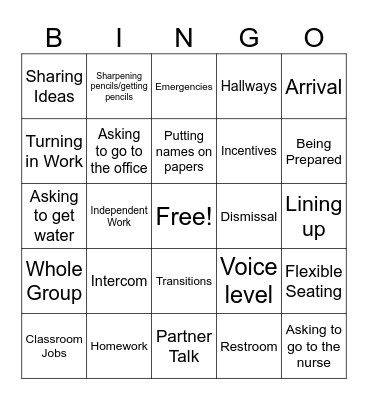 Routines and Procedure BINGO Card