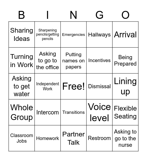 Routines and Procedure BINGO Card